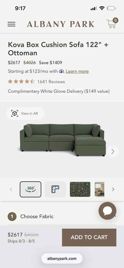 Albany Park Kova Box Cushion Sofa 122" Ottoman
