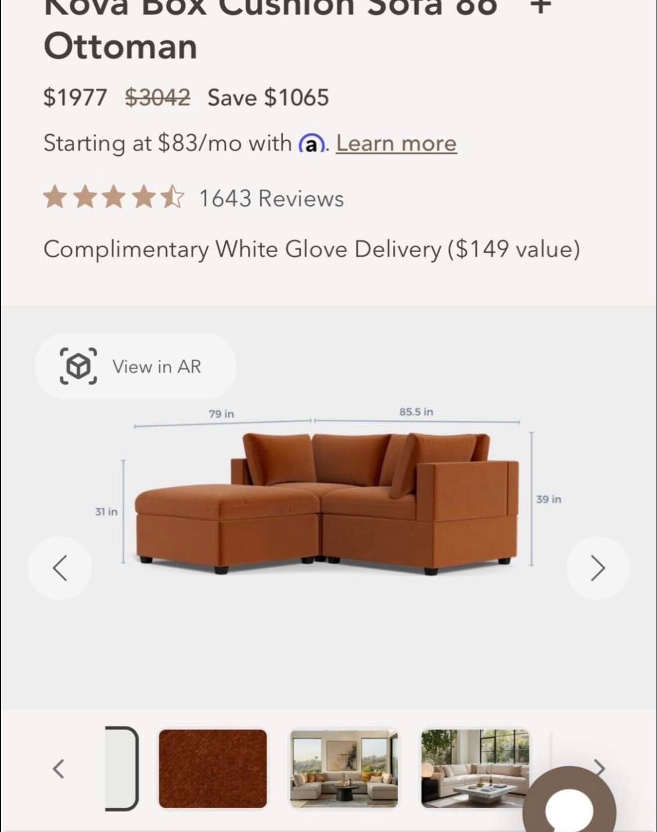 Albany Park Kova Box Cussjoin Sofa 86" + Ottoman